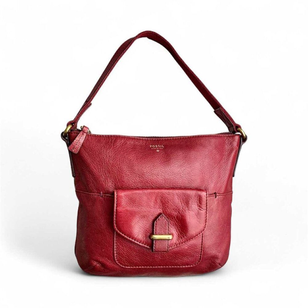 Fossil Red Pebbled Leather Shoulder Bag with Gold Hardware & Pockets